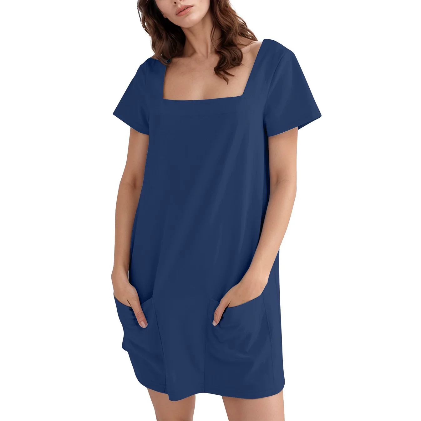 Roiiz Women’s Casual Square Neck Short Sleeve Dress with Pockets – Everyday Summer Dress