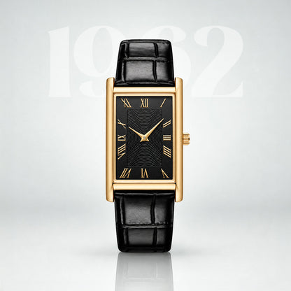 1962 gold Art Deco tank watch, black guilloche dial with gold Roman numerals on a black leather strap