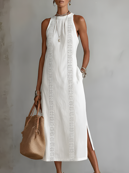 Jimena | Cotton Linen Midi Dress With a Mandarin Collar