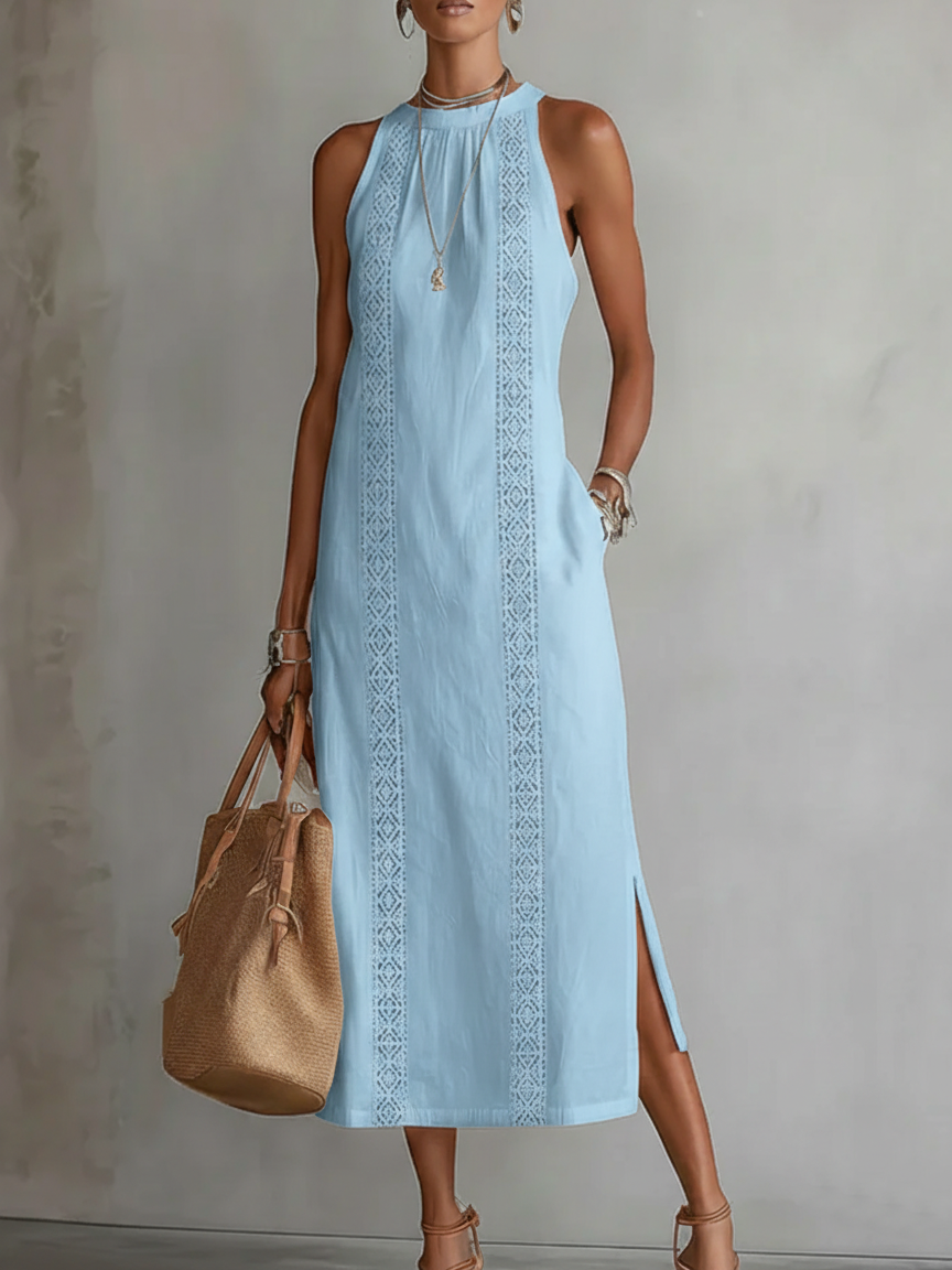 Jimena | Cotton Linen Midi Dress With a Mandarin Collar