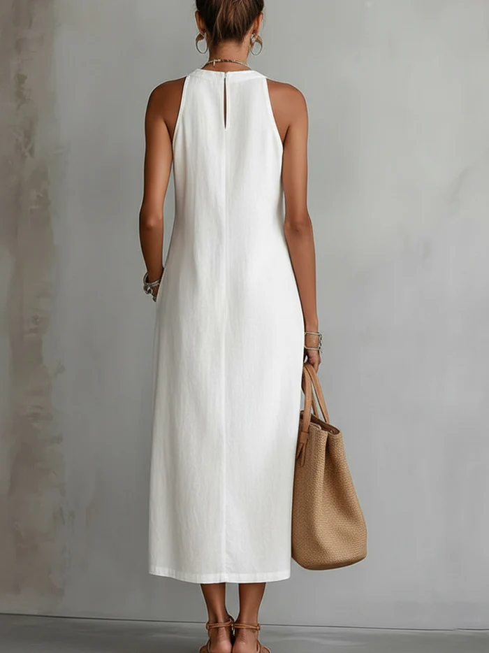 Jimena | Cotton Linen Midi Dress With a Mandarin Collar