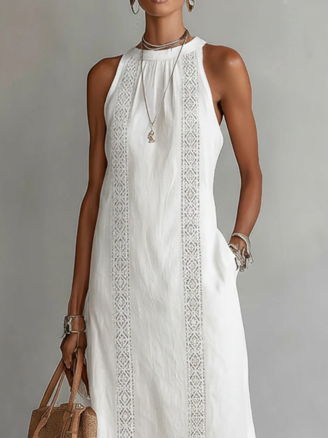 Jimena | Cotton Linen Midi Dress With a Mandarin Collar