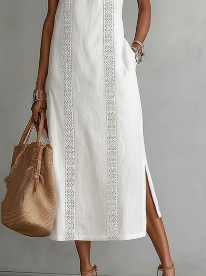 Jimena | Cotton Linen Midi Dress With a Mandarin Collar