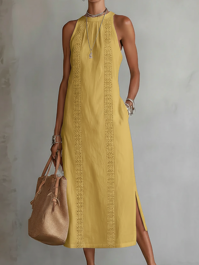 Jimena | Cotton Linen Midi Dress With a Mandarin Collar