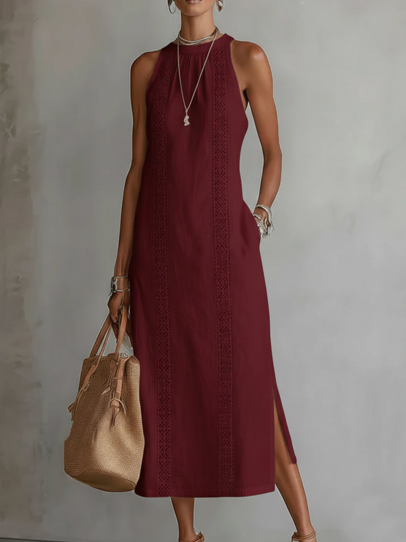 Jimena | Cotton Linen Midi Dress With a Mandarin Collar