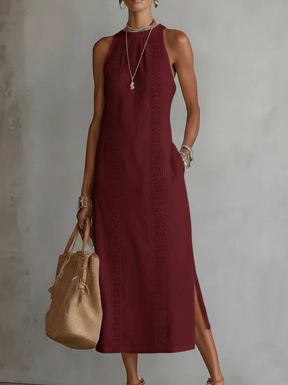 Jimena | Cotton Linen Midi Dress With a Mandarin Collar