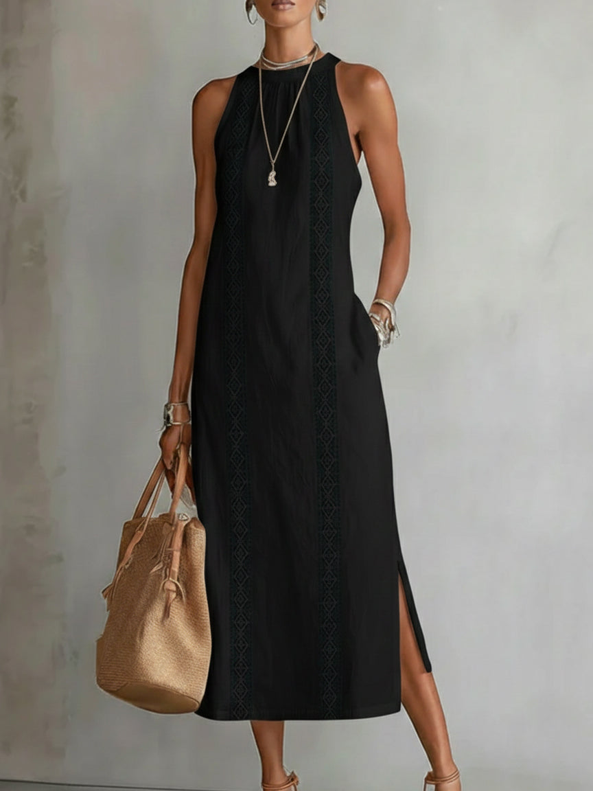 Jimena | Cotton Linen Midi Dress With a Mandarin Collar